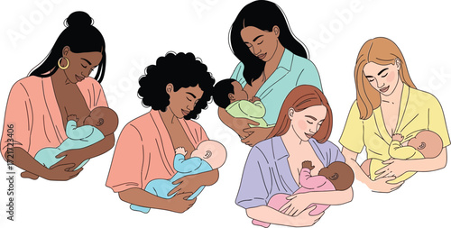 Diverse mothers tenderly breastfeeding their newborns in a warm, loving embrace.