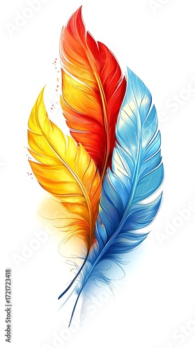 Decorative Colorful Feathers Red, Yellow and Blue on White Background