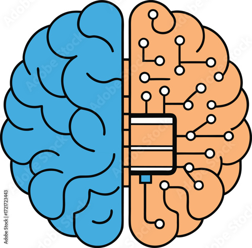 Stylized illustration of a human brain split into a biological half and a digital circuit half