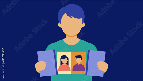 A person holding a family photo album and reminiscing about past events with their loved ones triggered by specific visual cues.. Vector illustration