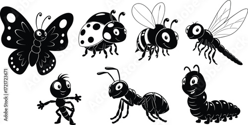 Insect illustration set, butterfly, ladybug, bee, dragonfly, ant, caterpillar, cartoon insect character, entomology, nature, black and white design
