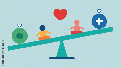 A teetertotter with one end representing a persons current health status and the other end showing their desired health outcomes with personalized strategies and interventions to. Vector illustration