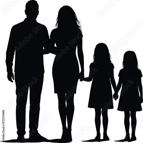 PrintSilhouette of happy family with two children, parents holding hands, togetherness, love, lifestyle, unity, childhood, parenting, relationship, family bond illustration