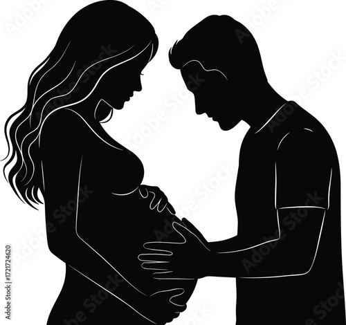 PrintSilhouette of pregnant woman with husband, family love, expecting parents, maternity care, emotional connection, fatherhood support, parenthood journey, happiness, illustration