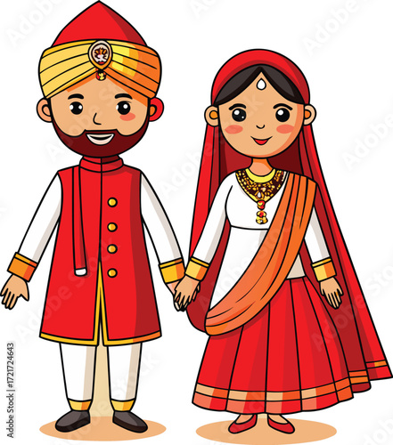 Cute cartoon illustration of an indian bride and groom holding hands in traditional attire
