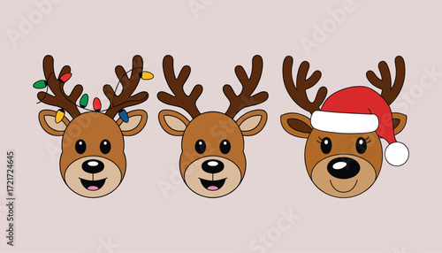 Three cartoon reindeer faces with Christmas lights and Santa hat Keywords: reindeer, cartoon