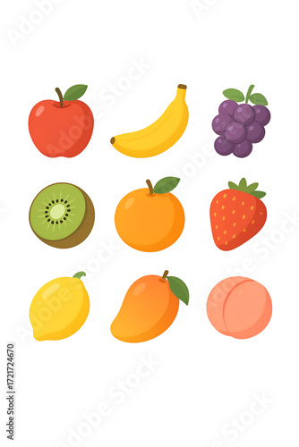 Cute Cartoon Fruit Set – Apple, Banana, Grapes, Kiwi, Orange, Strawberry, Lemon, Mango, Peach