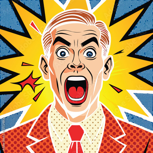Man screaming in comic book style with a starburst background