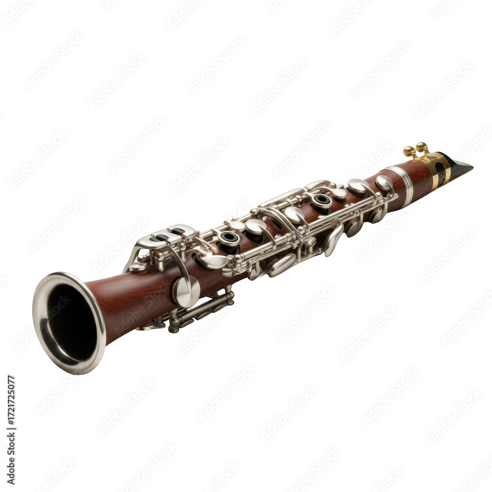 Obraz premium A detailed view of a finely crafted wooden clarinet with intricate silver keys isolated on transparent background