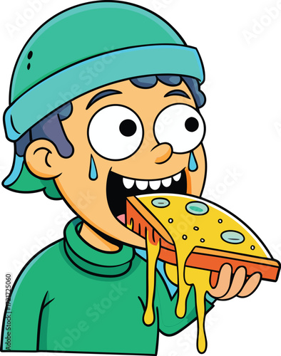 A cartoon boy with big eyes and a beanie is happily eating a slice of cheesy pizza