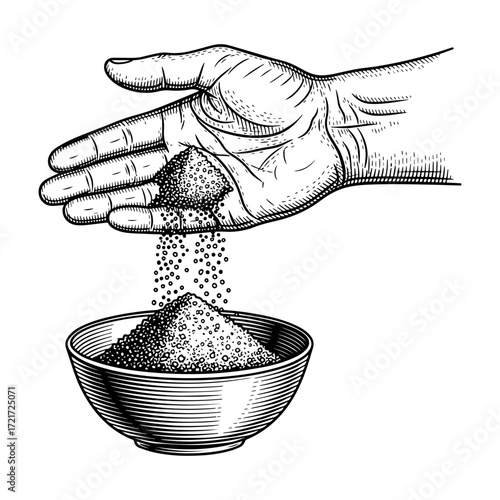 Hand pouring salt into bowl illustration , vintage cooking seasoning and culinary vector design