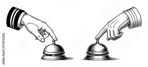 Hand pressing hotel service bell icon , reception desk hospitality customer service vector illustration