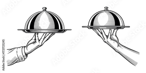 Restaurant food serving tray illustration , vintage cloche hospitality and catering vector design