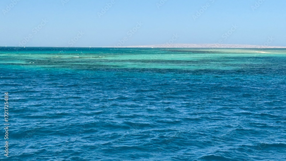 Obraz premium Red sea and Sinai mountains on a background. Tours to Egypt, travel and tourism concept.An aerial perspective showcasing the vibrant red sea desert coast, a colorful coral reef, and the stunning blue 