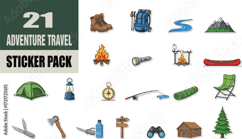 Adventure Travel Sticker Pack with Hiking Boots Tent Canoe Fishing Rod and Campfire Providing a Variety of Outdoor Essentials for Exploration