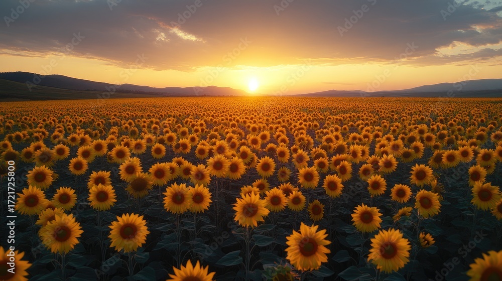 Obraz premium Stunning sunset over a vast field of sunflowers.