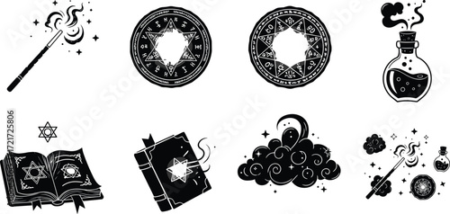 Mystical magic illustration set, wand, astrology chart, potion, spell book, moon, stars, occult, fantasy, enchanted symbols, black and white