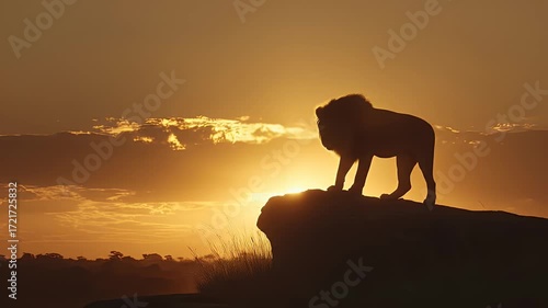 Majestic lion silhouette at sunset