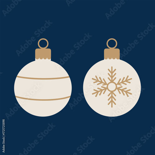 Two cream and gold Christmas ornaments on a dark blue background bauble decoration