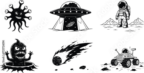 Science fiction illustration set, alien, UFO, astronaut, meteor, space rover, galaxy, extraterrestrial life, cosmic adventure, black and white design