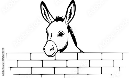 Illustration of a donkey peeking over a brick wall in black and white style. Vector illustration