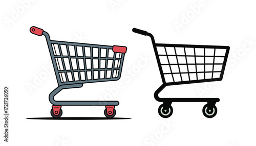 Two Shopping Carts, One Colored and One Black Outline on White Keywords: shopping cart, trolley