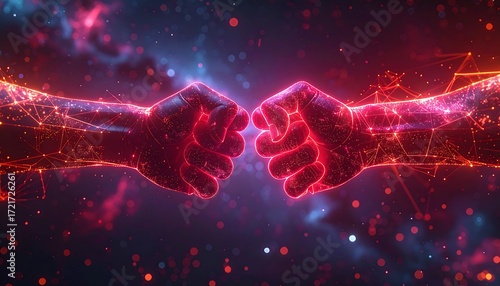 Digital art piece depicting two fists bumping. Constructed with intricate red glowing lines and dots against a dark, cosmic backdrop