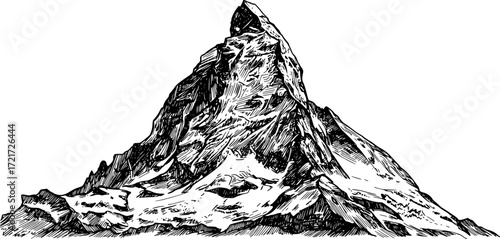 Monochrome mountain peak illustration in detailed line art style. Vector illustration