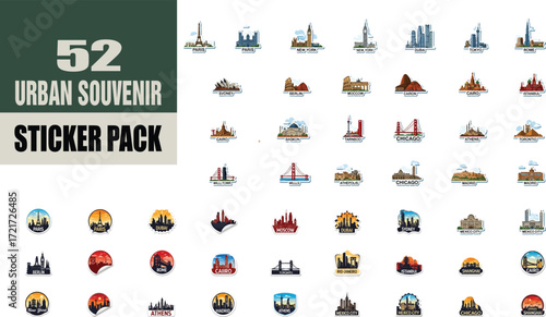 Urban Souvenir Sticker Pack Featuring Iconic Cityscapes and Landmarks Celebrating Global Travel and Tourism Destinations Representing a Wide Variety of International Cities