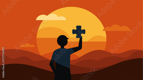 A silhouette of a person holding a puzzle piece towards a bright glowing sunset signifying the ongoing research and advancements in understanding and treating brain diseases.. Vector illustration