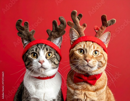 Two Cats Dressed as Reindeer on a Red Background

