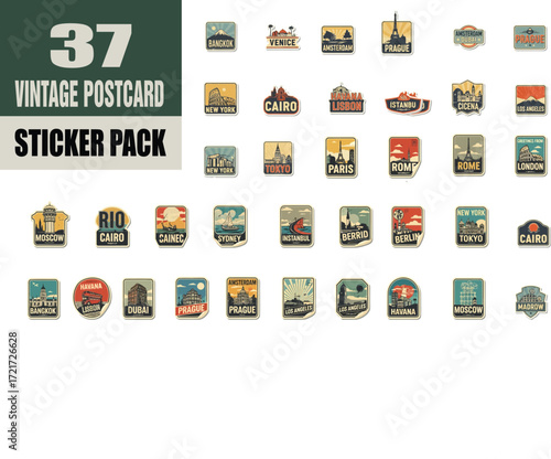 Vintage Postcard Sticker Pack Featuring 37 City and Travel Destinations including Amsterdam Bangkok Cairo and New York Travel Souvenir Collection for Scrapbooking and Design Projects