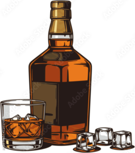 Detailed illustration of whiskey bottle with glass and ice cubes, vintage style. Vector illustration