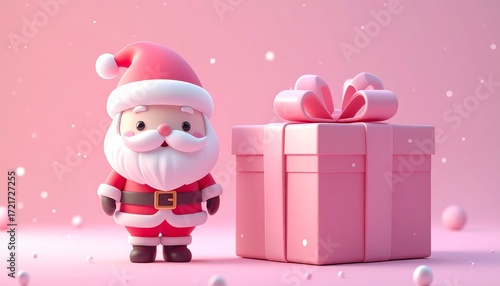 Charming 3D render of kawaii Santa standing proudly next to a giant Christmas gift box, pink pastel background, festive cute illustration