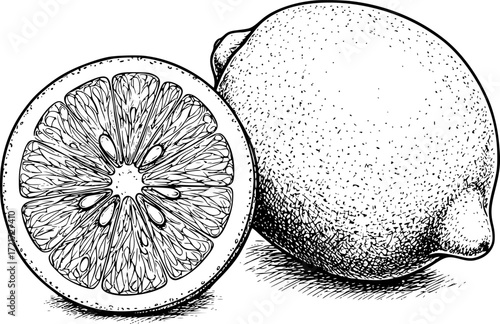 Hand-drawn illustration of whole and halved lemon in black and white sketch. Vector illustration