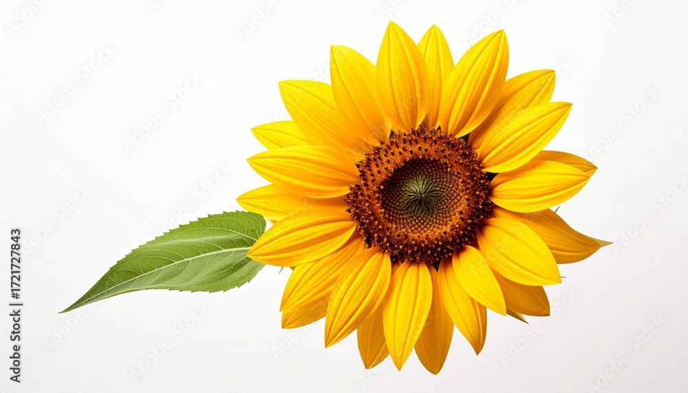 Fototapeta premium A sunflower plant with large yellow blossom realistic organic texture white background with clean lighting 