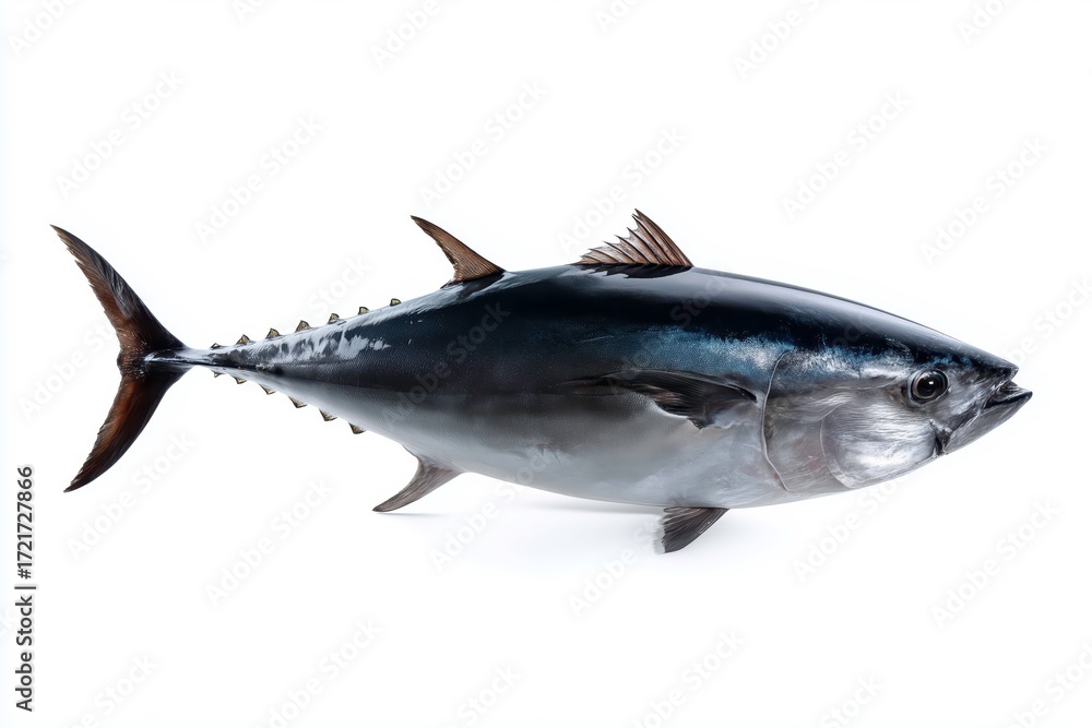Fototapeta premium Full body isolated bluefin tuna with metallic sheen and streamlined shape on white background