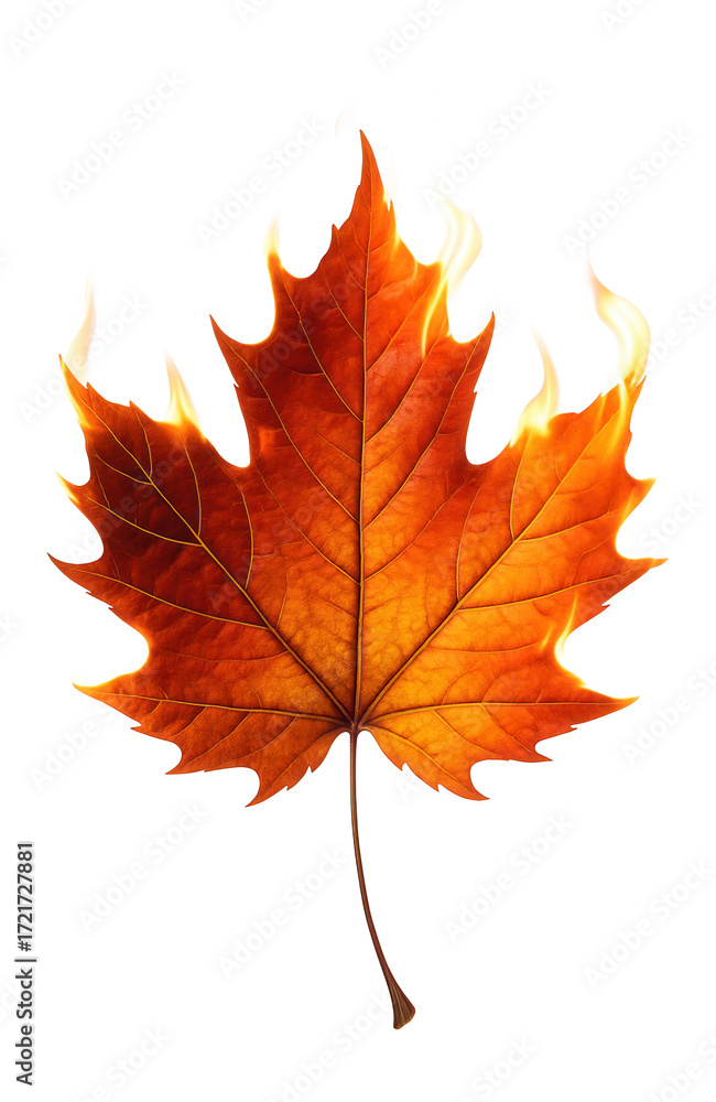 Fototapeta premium Burning leaf symbolizing autumn's fiery transition and nature's cycle.