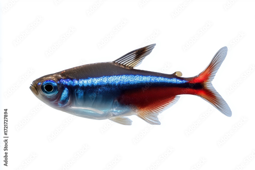 Fototapeta premium Classic neon tetra with vivid red and blue shimmering body isolated on white background