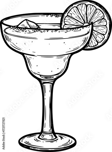 Black and white sketch of a margarita glass with lime slice, artistic illustration. Vector illustration