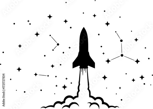 Monochrome illustration of a rocket launching with stars around, concept of space travel. Vector illustration