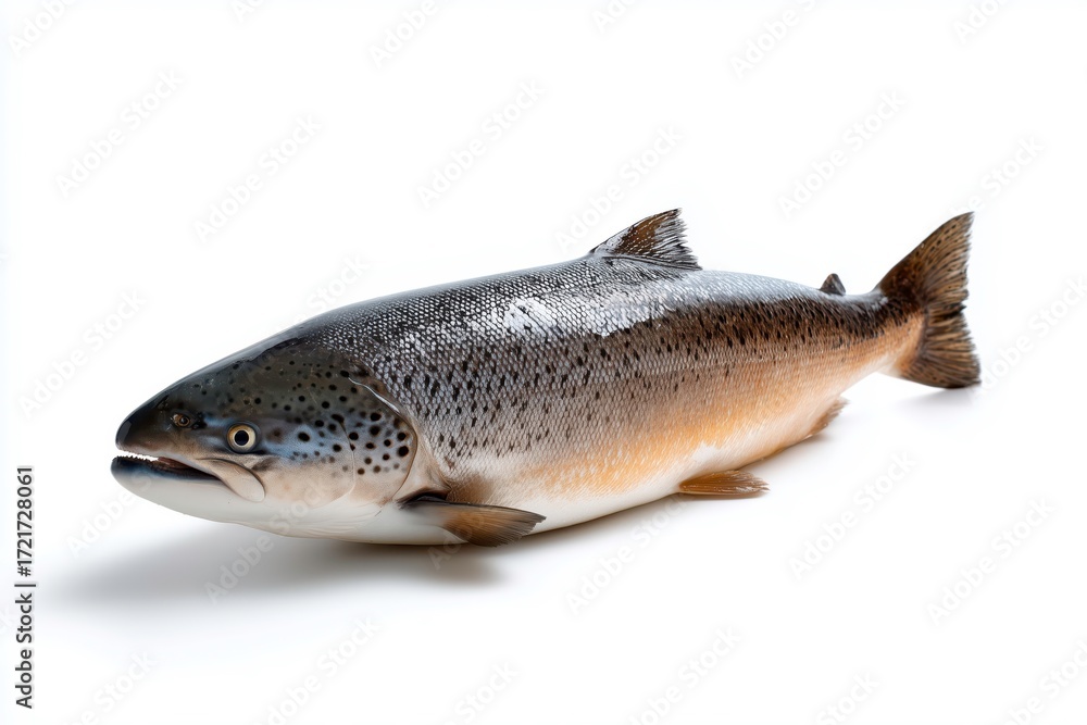 Naklejka premium Isolated studio image of an Atlantic salmon in full body profile, natural tones and realistic details suitable for seafood, biology, and culinary concept