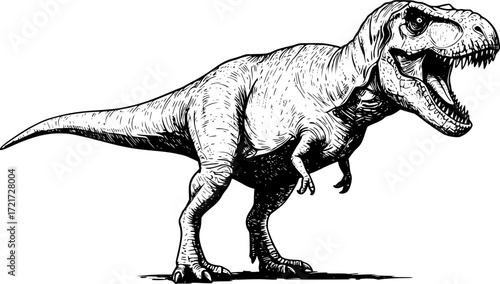 Black and white sketch of a roaring t-rex dinosaur with detailed textures. Vector illustration