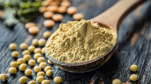 Vegan pea protein powder in a scoop, showcasing healthy plant-based sports supplements. 