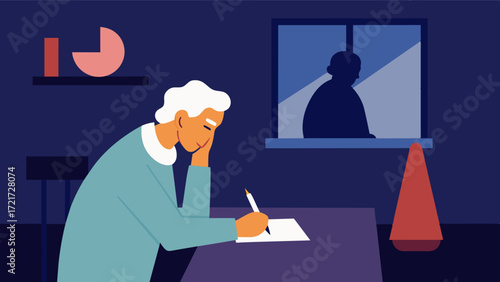 A pen and paper lay untouched on a side table as an elderly person stares out the window deep in thought. They have a story that they want to write but the words seem to escape. Vector illustration