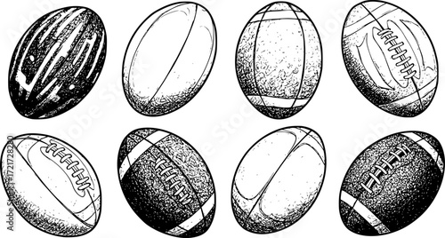 Collection of eight sketchy rugby balls with varied patterns in black and white. Vector illustration