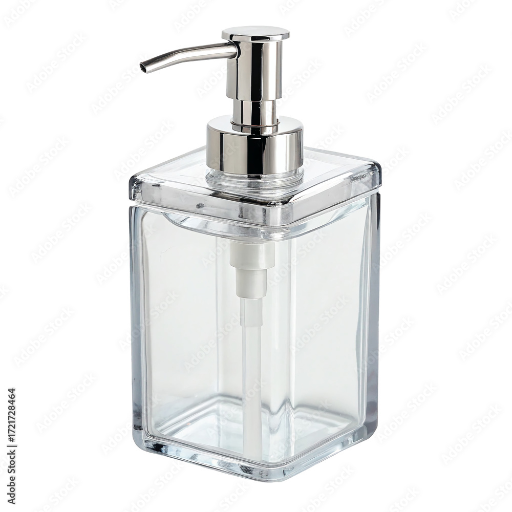 Obraz premium Elegant clear glass soap dispenser with silver pump for modern bathroom isolated on transparent background