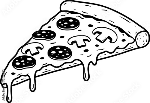 Black and white illustration of a dripping pizza slice with mushrooms and pepperoni. Vector illustration