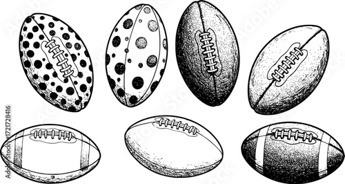 Collection of eight sketchy rugby balls with varied patterns in black and white. Vector illustration