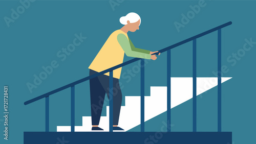 A professional assessing the stability and safety of railings and banisters throughout the home for older adults with cognitive impairments.. Vector illustration